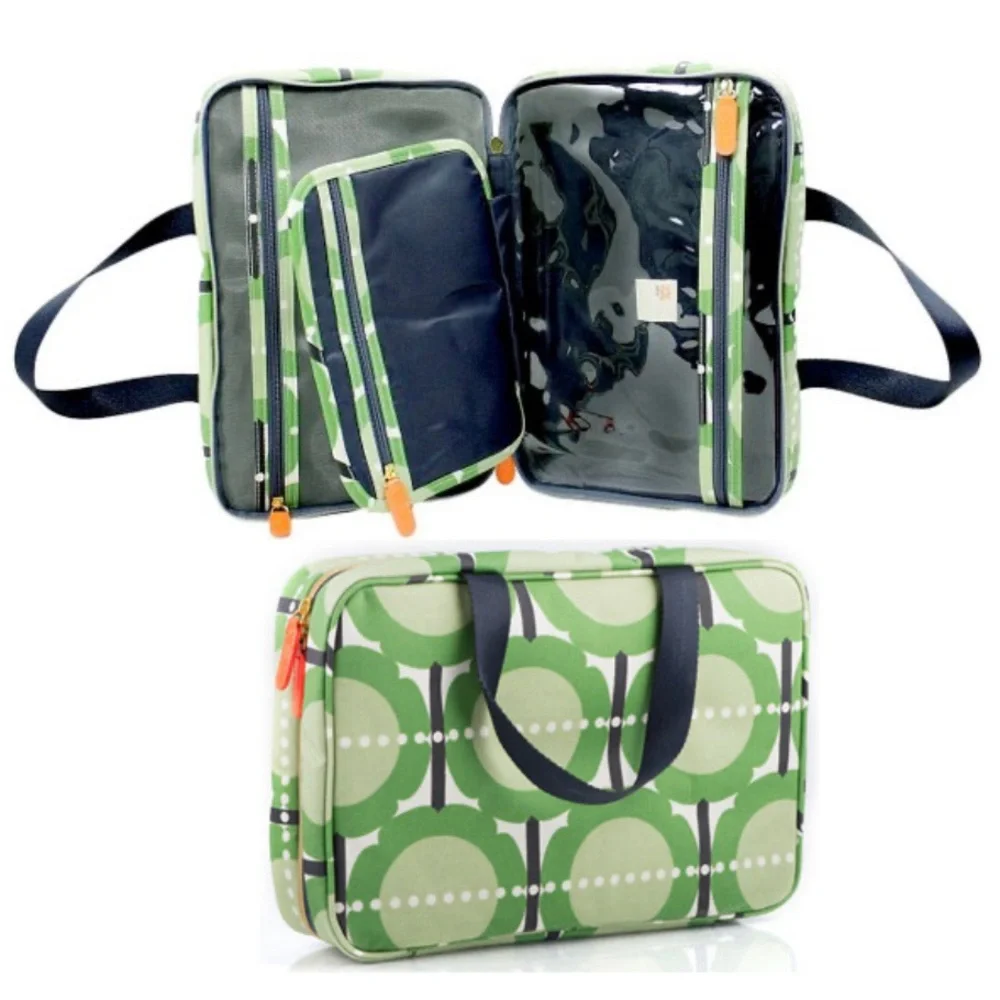 Orla Kiely Green Graphic Print Cosmetic Travel Case with Navy Accents